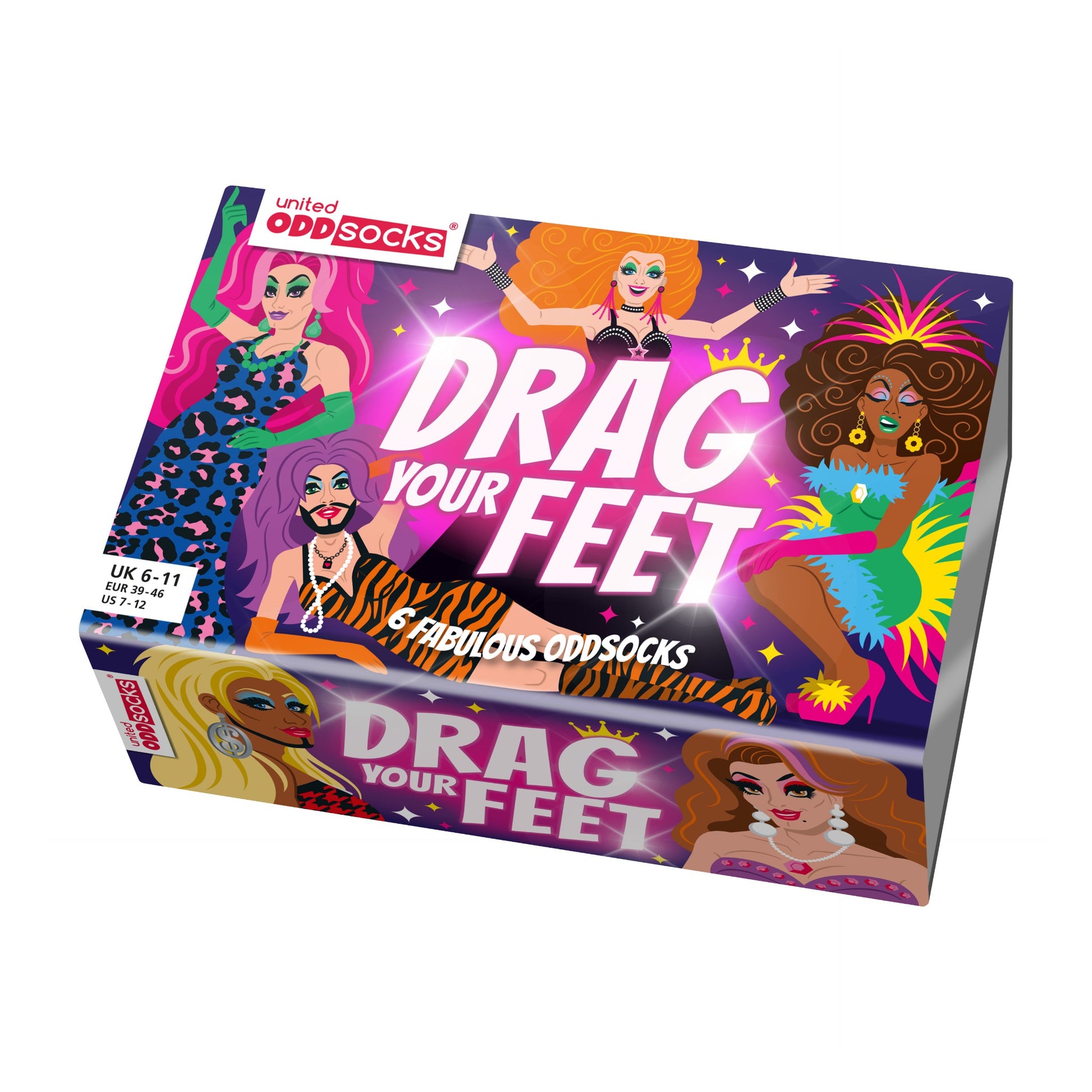 Box of United Odd Socks Drag Queen Socks with colorful designs and text on a white background