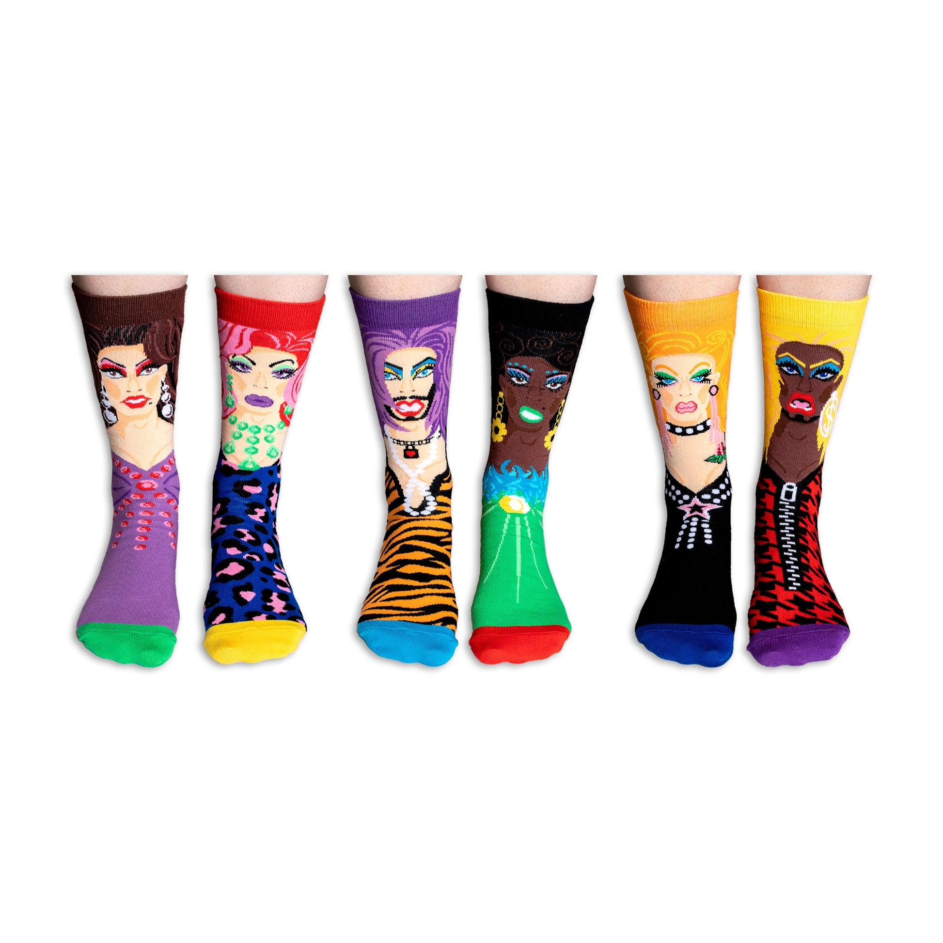 Set of colorful socks with various Drag Queen faces on, on a white background